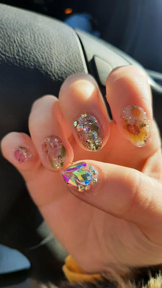 Floral Nail Art With Gold Foil