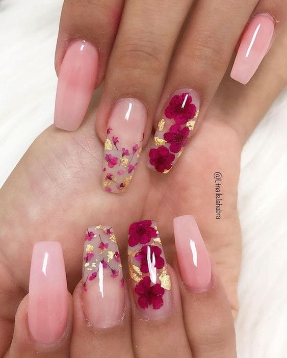 Floral Nail Art With Gold Foil