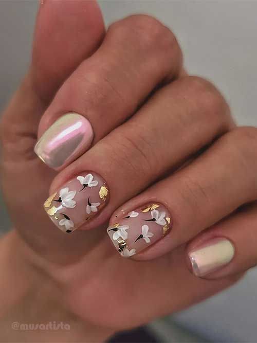 Floral Nail Art With Gold Foil