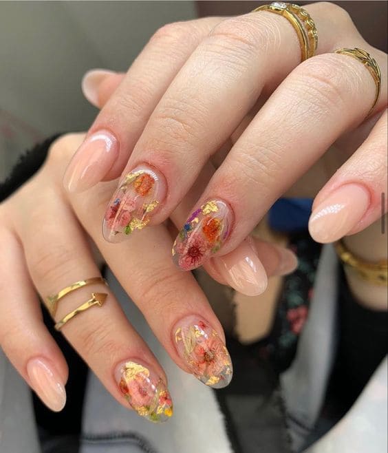 Floral Nail Art With Gold Foil5