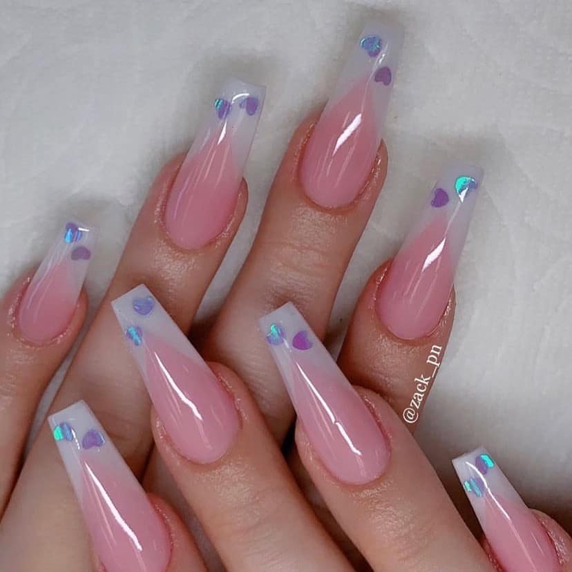 French Acrylic Coffin Nails With Hearts