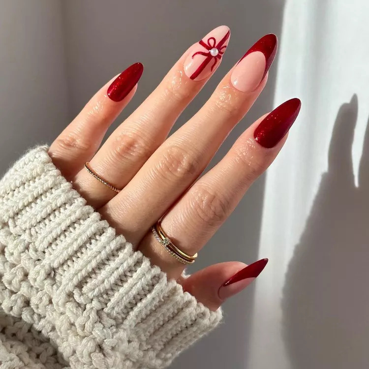 French Manicure With Red Bows And Pearls