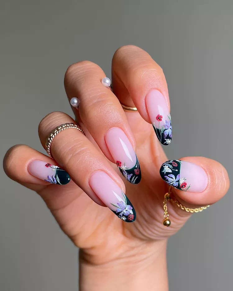 French Tips With Floral Nail Art