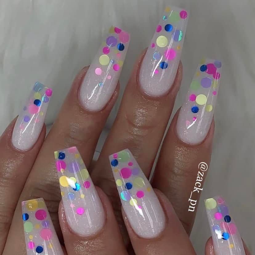  Fun Confetti Short Acrylic Coffin Manicure