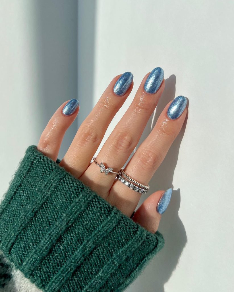 Glittered Blue Winter Nails