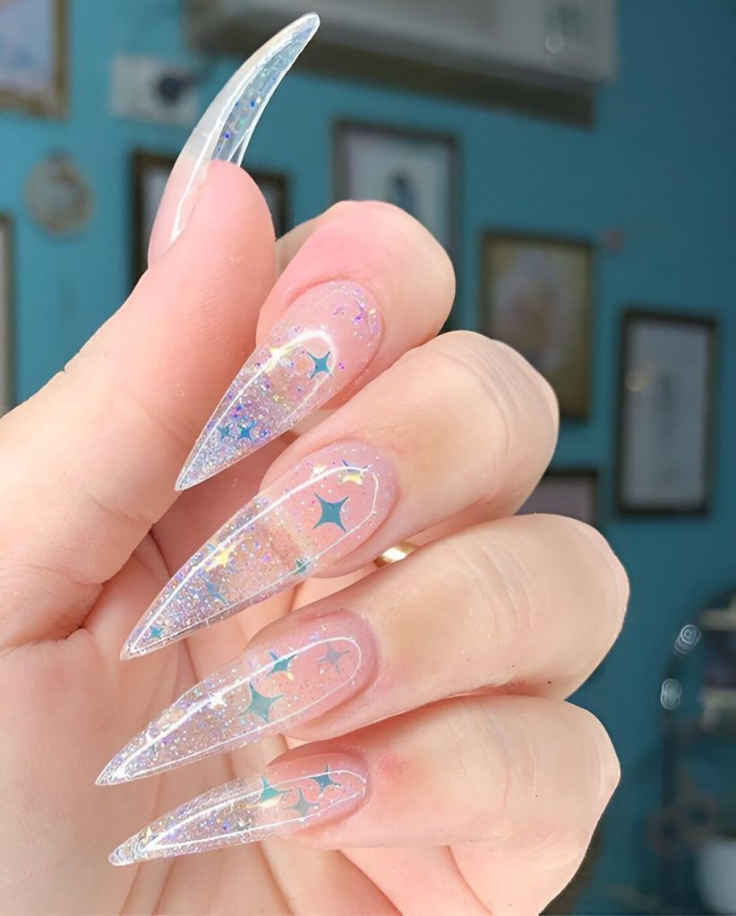  Glittered Clear Acrylic Nails