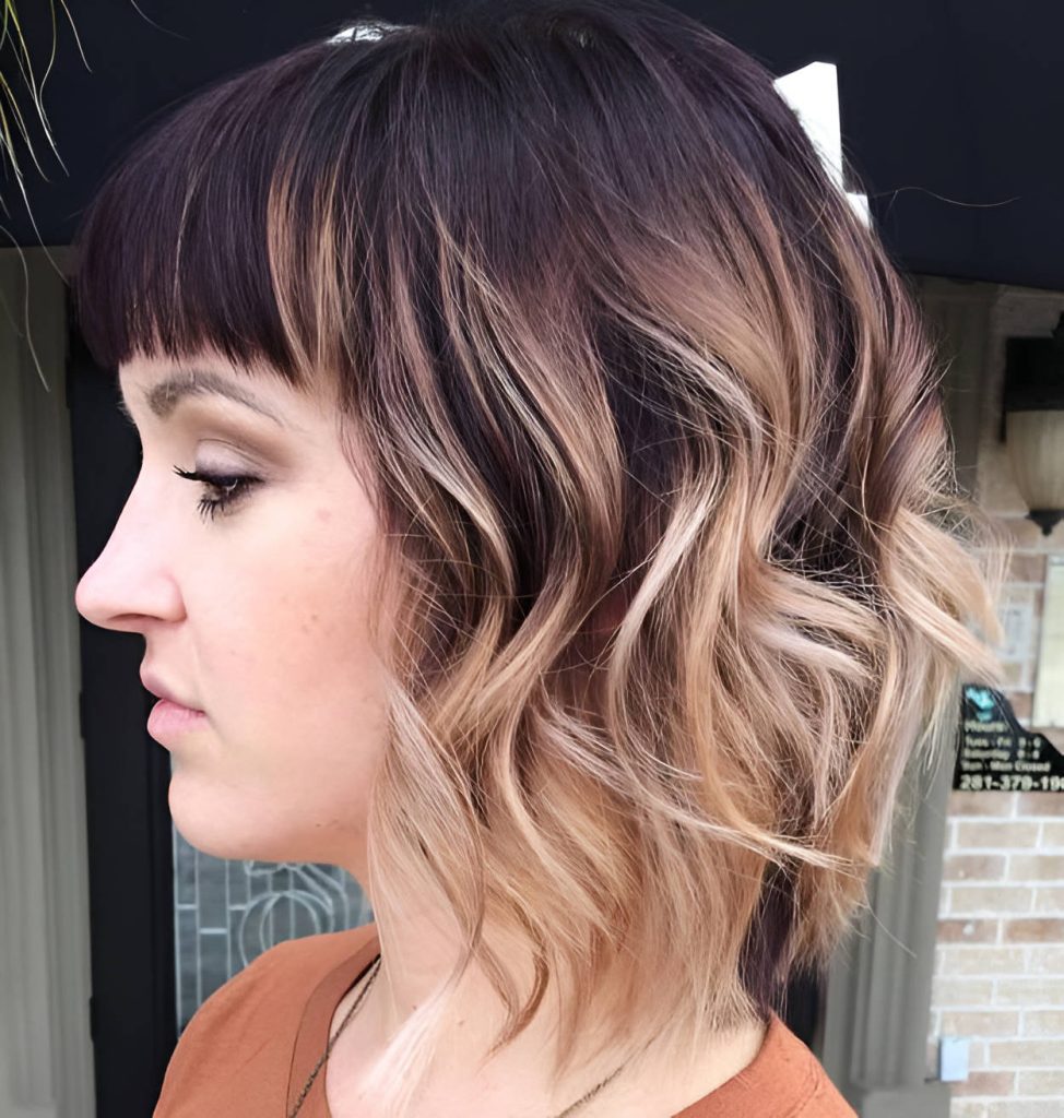 Honey Balayage Short Hair With Blunt Bang
