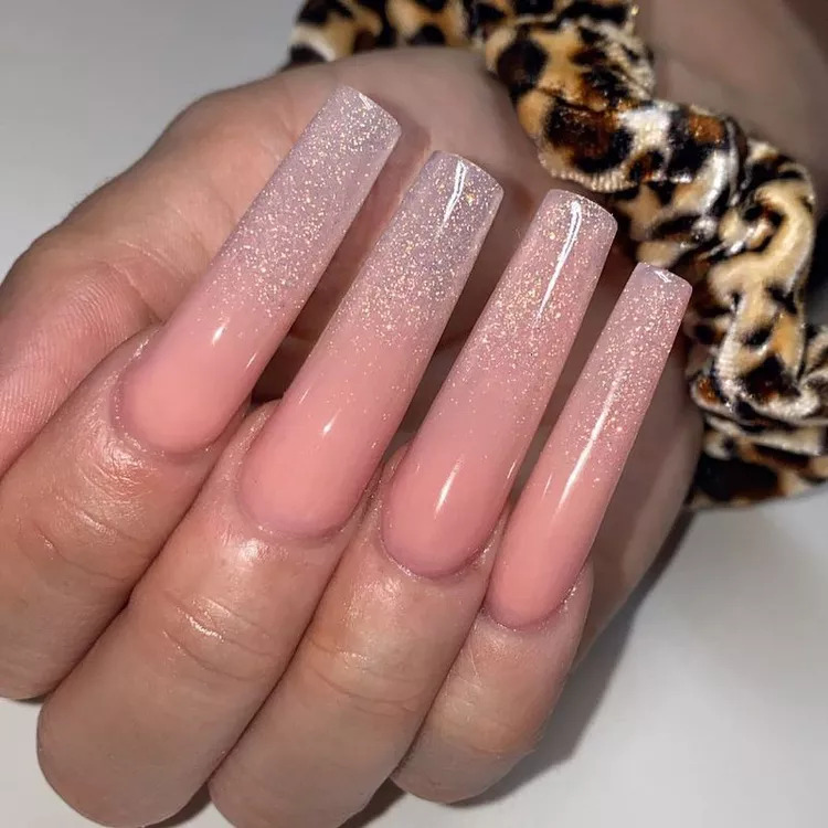Long Coffin Nails With Pink Glitter