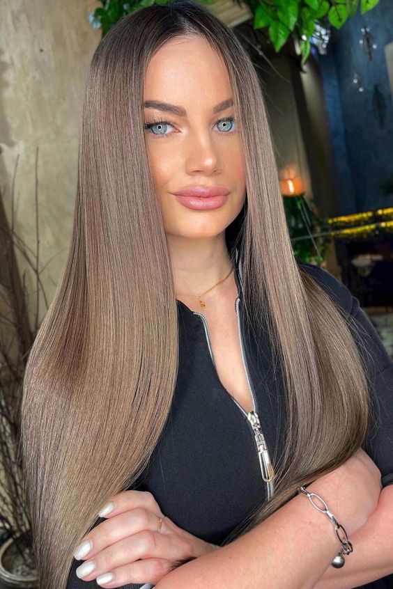 Long Straight Smokey Ash Brown Hair