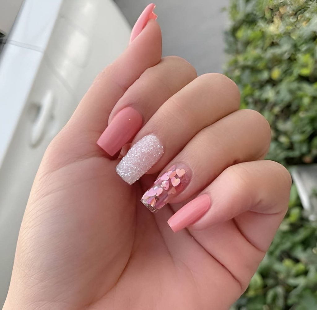 Lovely Heart Glitter Short Coffin Nails