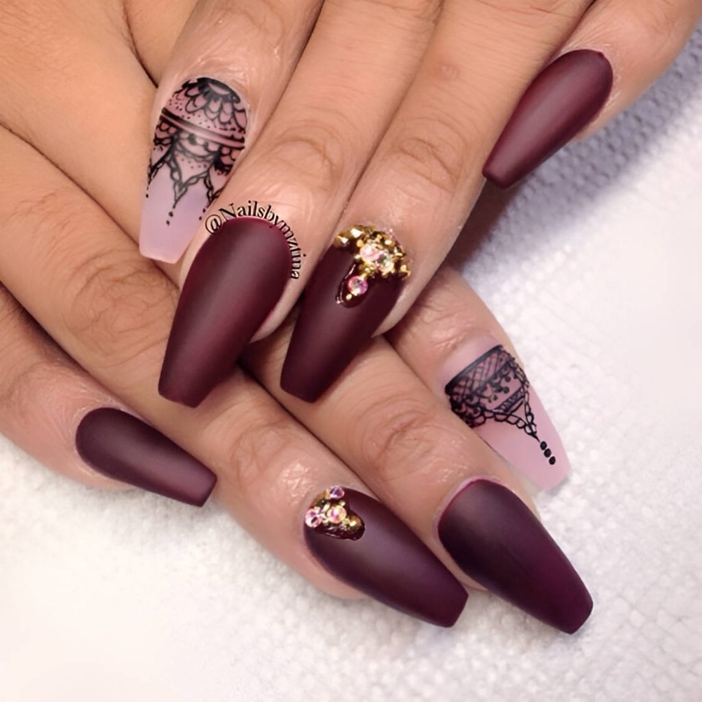 Matte Burgundy Nail Designs With Gemstones
