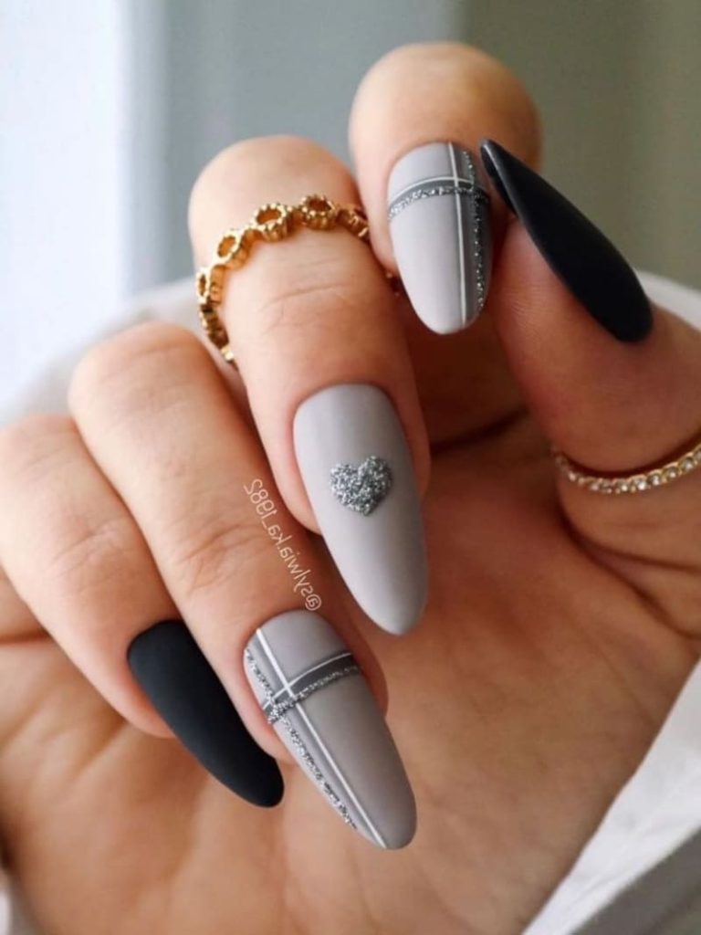 Matte Grey Nails With Glitter