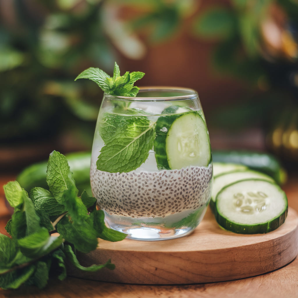 Minty Cucumber and Chia Seeds Water