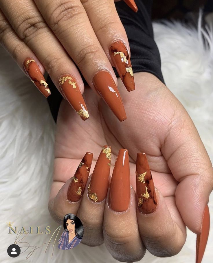 Orange Coffin Nails With Gold Specks