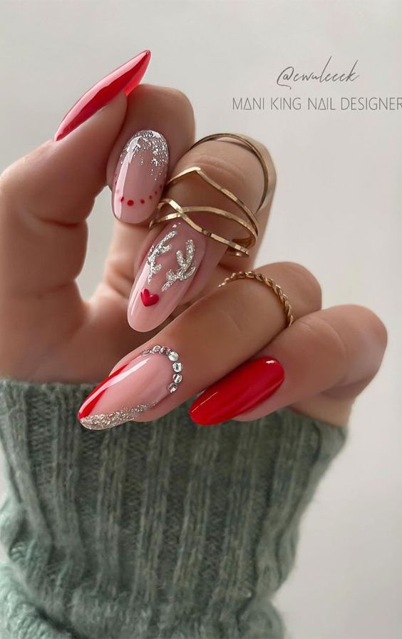 Red Christmas Nails With Silver Glitter