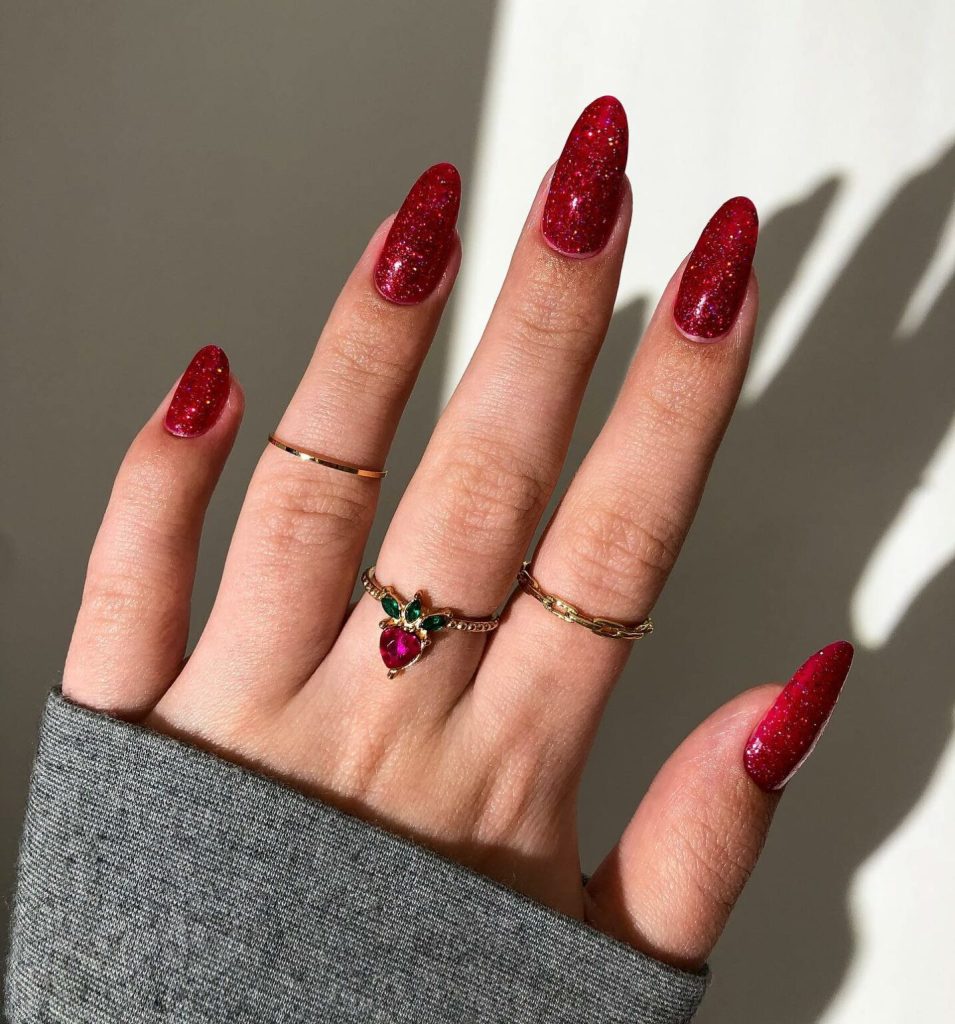  Red Glittered Almond Nails