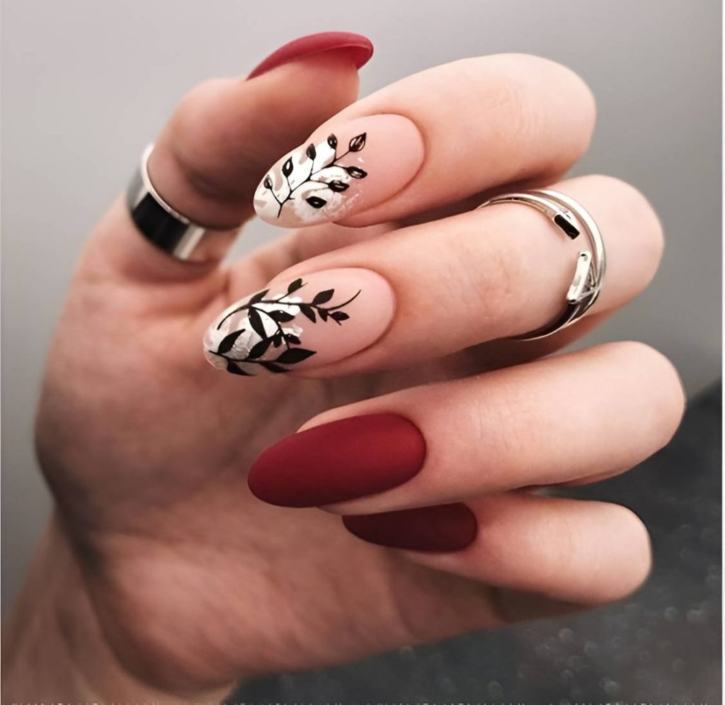  Red Nails With Floral Art