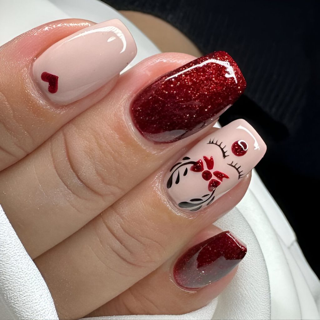 Reindeer Red Glitter Nails