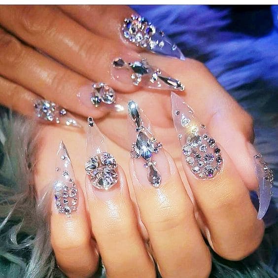 Rhinestones on Clear Nail Designs