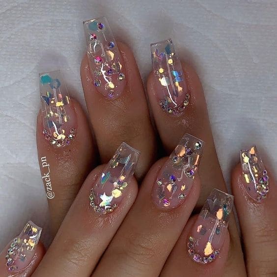 Rhinestones on Clear Nail Designs
