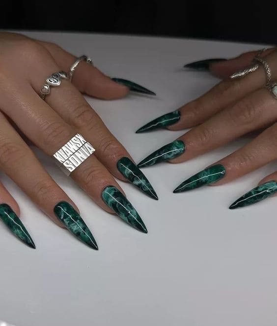 Royal Emerald Long Stiletto Nails