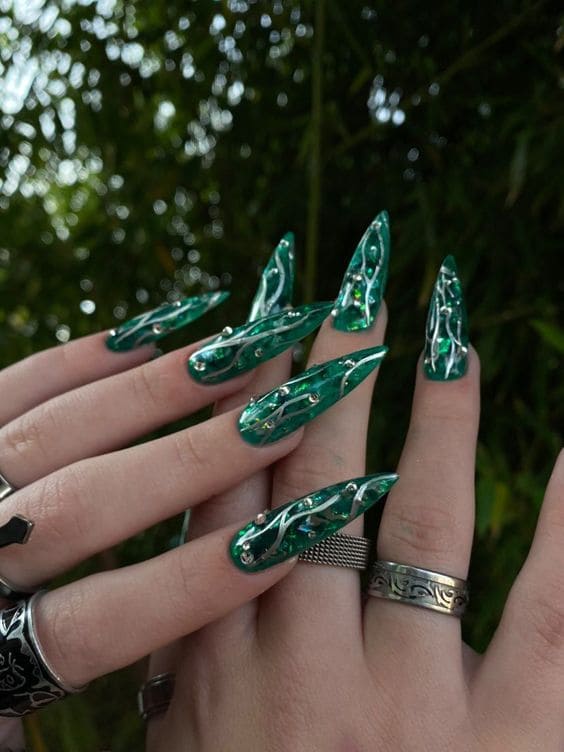 Royal Emerald Long Stiletto Nails