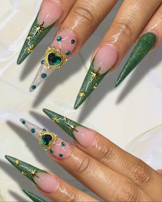 Royal Emerald Long Stiletto Nails
