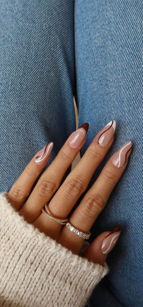 Short Almond Nails With Abstract Swirls