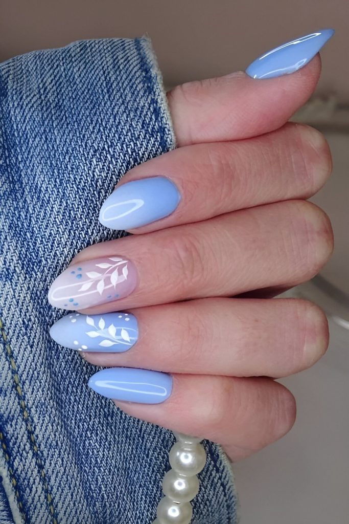 Short Baby Blue Nails With Leaves
