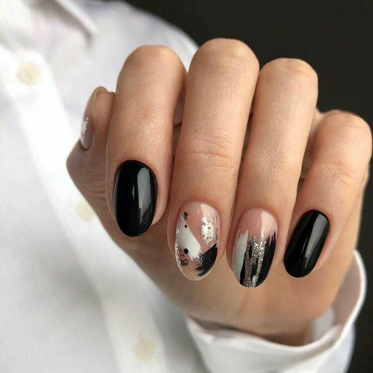 Short Black Acrylic Nails With Abstract Art