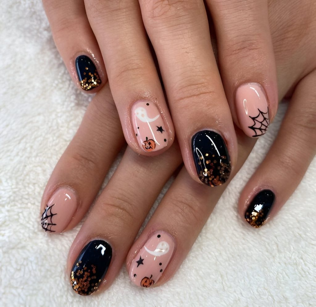 Short Black And Nude Halloween Nails
