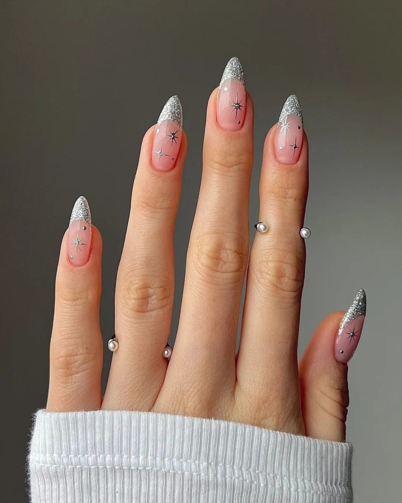 Silver Glittered French Tips
