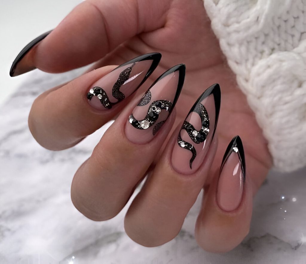 Snake Black French Tip Nails