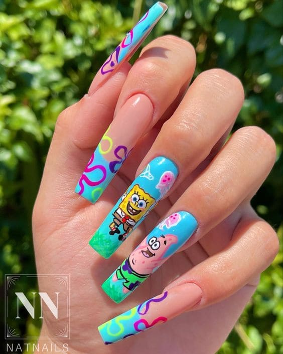 SpongeBob Inspired Blue Summer Nails