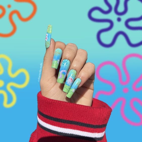 SpongeBob Inspired Blue Summer Nails