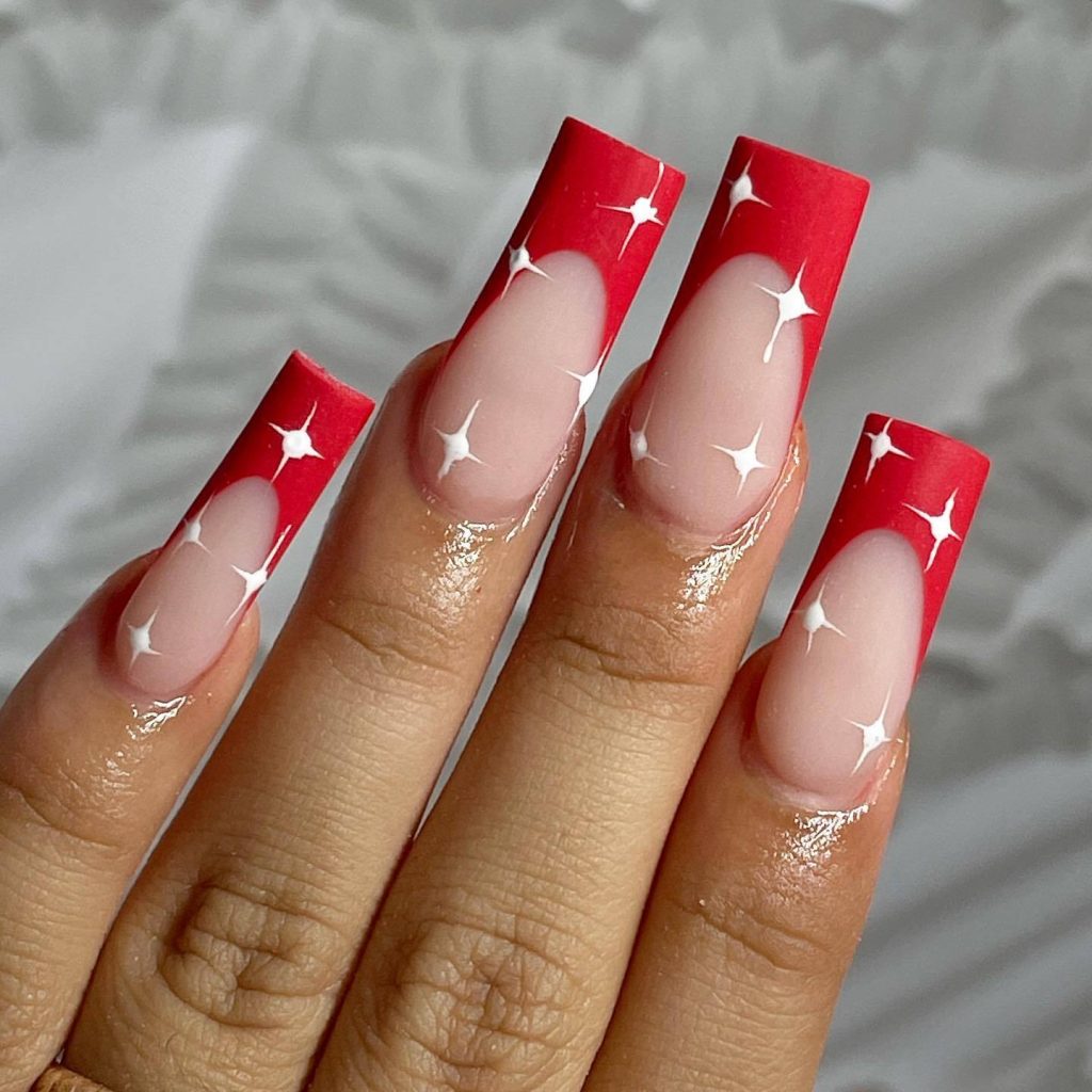 Square Red French Tips With White Sparkles
