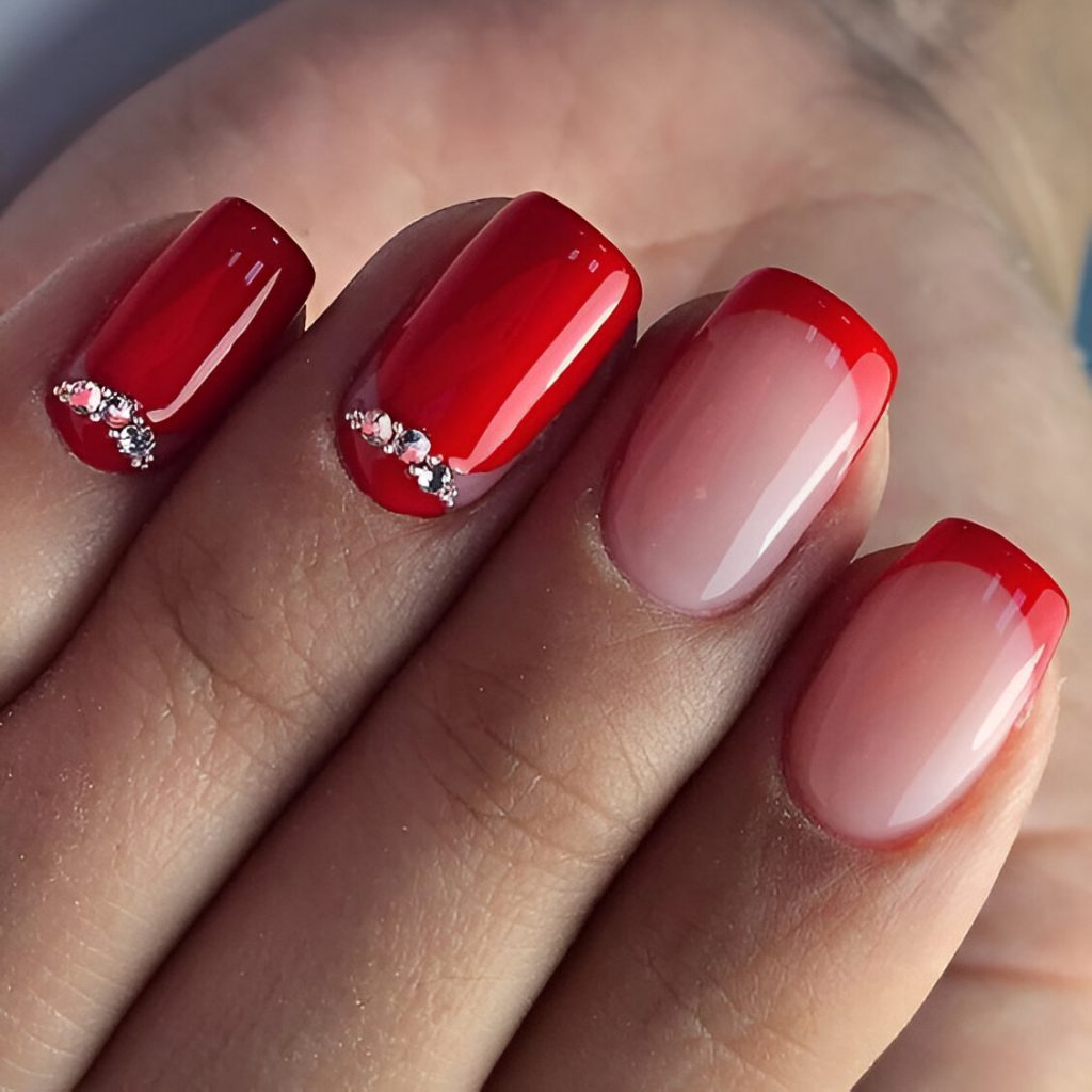 Square Short French Nails With Gemstones