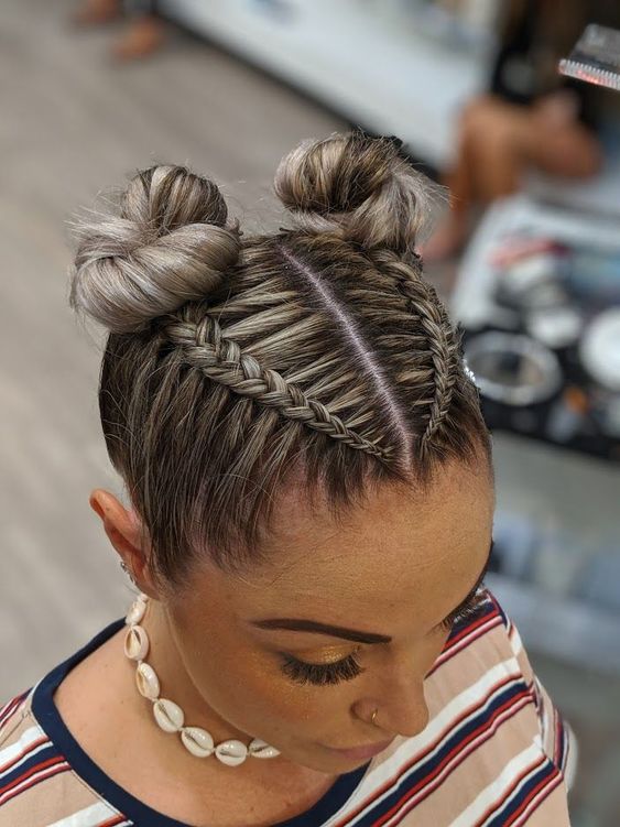 Twin Space Buns With Mini Braids