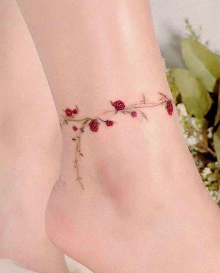 Watercolor Rose Ankle Tattoos