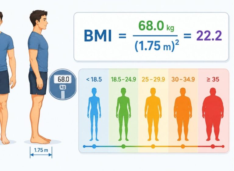 Understanding BMI: How It Affects Health and Weight Management By Cara May 22, 2026 Body Mass Index (BMI) is a commonly used measurement for evaluating whether a person’s weight is appropriate for their height. It is calculated by dividing weight in kilograms by height in meters squared (kg/m²). Although BMI is simple and convenient, it does not directly measure body fat. Instead, it gives a general indication of whether someone falls into an underweight, healthy weight, overweight, or obese category. Understanding BMI is useful because it is linked with several health risks, including heart disease, diabetes, and some cancers, and can help guide weight-management efforts. BMI can also be affected by age, sex, muscle mass, bone density, and overall body composition. Someone with a large amount of muscle, such as an athlete, may have a higher BMI without having excess body fat. In this article, we will look at how BMI relates to health, its limitations, and practical approaches to maintaining a healthy weight and supporting long-term wellness. Table of Contents What is Body Mass Index (BMI) and How Is It Measured? To better understand body weight and physical composition, healthcare professionals often use a quick and standardized measurement called Body Mass Index. Instead of considering body weight alone, BMI compares weight with height and provides an initial indication of whether a person falls within a healthy range or a higher-risk category. The Formal Definition of Body Mass Index Body Mass Index is an anthropometric measurement that compares weight with height. It is generally expressed in kilograms per square meter (kg/m²). Historical Roots: BMI was originally developed in the 19th century by Belgian mathematician and statistician Adolphe Quetelet and was called the Quetelet Index. Quetelet did not develop it as a diagnostic tool for individual patients. Instead, he used mathematics to describe average characteristics across populations. A Proxy for Body Fatness: During the 20th century, researchers found that BMI had a moderate to strong relationship with more direct measurements of body fat, including DEXA scans and underwater weighing. The Clinical Role: Today, organizations such as the World Health Organization (WHO) use BMI as an inexpensive and convenient screening measurement. It can help identify possible metabolic and cardiovascular risks, but it should be viewed as a starting point rather than a complete measure of health. Standard Mathematical Formulas to Calculate Your BMI BMI can be calculated using either metric or imperial measurements. Both methods produce the same BMI value when the appropriate formula and units are used. Subscribe to Woman & Lifestyle! Receive the latest posts and updates from Woman & Lifestyle directly in your inbox. Subscribe We use your personal data for interest-based advertising, as explained in our Privacy Notice. The Metric Formula (kg and m) The metric BMI formula is used internationally. If you are calculating BMI using kilograms and meters, use the following equation: BMI = Weight (kg) ÷ Height (m)² Step 1: Measure your weight in kilograms, such as 70 kg. Step 2: Measure your height in meters and square the number. For someone who is 1.75 m tall: 1.75 × 1.75 = 3.0625 m² Step 3: Divide the weight by the squared height: 70 ÷ 3.0625 = 22.86 The resulting BMI is approximately 22.9. The Imperial Formula (lbs and in) When using pounds and inches, a conversion factor of 703 is needed to calculate BMI correctly. Step 1: Record your weight in pounds, such as 150 lbs. Step 2: Convert your complete height into inches. For someone who is 5 feet 9 inches tall: (5 × 12) + 9 = 69 inches Step 3: Square the height: 69 × 69 = 4,761 in² Step 4: Divide the weight by the squared height: 150 ÷ 4,761 = 0.031506 Step 5: Multiply the result by 703: 0.031506 × 703 = 22.14 The final BMI score is approximately 22.1. Evaluating Categories on the BMI Scale After calculating your BMI, the result can be compared with the standard weight categories. [THE BMI WEIGHT CLASSIFICATION] │ ┌───────────────────────────┼───────────────────────────┐ ▼ ▼ ▼ [UNDERWEIGHT ZONE] [HEALTHY ZONE] [OVERWEIGHT / OBESE] • BMI: Below 18.5. • BMI: 18.5 – 24.9. • Overweight BMI: 25.0 – 29.9. • Elevated health risks. • Optimal balance. • Obese BMI: 30.0 and Above. Underweight BMI (Below 18.5): A BMI below 18.5 may indicate that a person’s body weight is low for their height. It can sometimes be associated with nutritional deficiencies or concerns involving bone health. Healthy Weight (18.5 – 24.9): This range is generally associated with the lowest statistical risk of several chronic health conditions. Overweight (25.0 – 29.9): This range represents a higher weight relative to height and may encourage further evaluation of lifestyle and cardiovascular health. Obese (30.0 and Above): A BMI of 30 or higher falls within the obesity category. Healthcare professionals may use this as a reason to evaluate possible concerns such as type 2 diabetes, sleep apnea, and joint problems. Obesity can also be divided into Class I, II, and III. Biological Variations: Sex and Age Factors The BMI equation uses the same basic calculation for everyone, but its interpretation can vary depending on age, sex, and body composition. Adult Biological Sex Nuances: Men generally have greater amounts of lean muscle and bone mass, while women naturally have a higher proportion of essential body fat. Because muscle is denser than fat, a muscular athlete may have a high BMI while still having a relatively low body-fat percentage. Although the standard healthy BMI range for adults is generally 18.5 to 24.9, individual body composition should also be considered. Age-Based Metrics: BMI is interpreted differently in children and adolescents, where age- and sex-specific growth charts are used instead of adult cutoffs. In older adults, body composition changes with age, including possible muscle loss and changes in body fat, so BMI should be considered alongside other health measurements. What Do the BMI Categories Mean for Your Health? BMI is more than a number on a chart. It is commonly used as a screening measurement to identify possible long-term health concerns. Because body weight can affect the cardiovascular system, metabolism, and joints, healthcare professionals may consider BMI when evaluating overall health and disease risk. Standard BMI Categories and the Obesity Scale The World Health Organization (WHO) provides standard BMI ranges for adults aged 20 and older. These categories offer a general way to compare body weight with height. Category BMI Range Health Risk Level Underweight BMI Below 18.5 Elevated (Nutritional / Structural) Normal Weight 18.5 – 24.9 Lowest Statistical Risk Overweight 25.0 – 29.9 Increased Risk Obesity Class I 30.0 – 34.9 High Risk Obesity Class II 35.0 – 39.9 Very High Risk Obesity Class III 40.0 and above Extremely High (Severe) Risk Medical Risks Associated with a High BMI If a BMI calculation falls within the overweight or obesity ranges, it may indicate a higher amount of body fat. Fat stored deep within the abdomen, known as visceral fat, is particularly active metabolically and can influence several processes within the body. [HIGH BMI SYSTEMIC IMPACT] │ ┌────────────────────────┼────────────────────────┐ ▼ ▼ ▼ [CARDIOVASCULAR STRAIN] [METABOLIC DISRUPTION] [STRUCTURAL STRESS] • Increases blood pressure. • Triggers insulin resistance. • Accelerates joint wear. • Alters lipid profiles. • Affects blood sugar control. • Causes osteoarthritis. • Leads to atherosclerosis. • Raises diabetes risk. • Triggers sleep apnea. Cardiovascular Disease and Hypertension: Excess body weight can make the heart work harder and is associated with high blood pressure. Over time, high blood pressure together with unhealthy cholesterol and triglyceride levels can contribute to plaque buildup in the arteries, increasing cardiovascular risk. Type 2 Diabetes: Higher BMI is strongly associated with insulin resistance. Abdominal fat can interfere with the way the body responds to insulin, requiring the pancreas to produce more insulin to regulate blood glucose. Over time, this can contribute to type 2 diabetes. Oncology Risks: Public health research has associated obesity with a higher risk of several cancers, including colorectal, kidney, endometrial, esophageal, and postmenopausal breast cancer. Mechanical and Pulmonary Strain: Extra body weight can place additional pressure on the knees, hips, and other joints, contributing to osteoarthritis. Fat around the neck can also affect the airway during sleep and contribute to obstructive sleep apnea. Medical Risks Associated with a Low BMI Although much attention is given to obesity, being in the underweight BMI category can also be associated with important health concerns. Malnutrition and Nutritional Anemia: A low BMI may sometimes indicate inadequate calorie or nutrient intake. Insufficient iron, for example, can interfere with hemoglobin production and contribute to iron-deficiency anemia, fatigue, and dizziness. Osteoporosis and Bone Fractures: Inadequate amounts of nutrients such as calcium, magnesium, and vitamin D can negatively affect bone health. Reduced bone density may increase susceptibility to osteoporosis and fractures. Impaired Immune Function: The immune system needs sufficient energy, protein, and nutrients to produce immune cells and antibodies. Severe undernutrition can weaken immune defenses and may slow wound healing. Reproductive and Hormonal Shutdown: Very low body weight can interfere with reproductive hormone production in women. This may cause the menstrual cycle to stop, a condition known as amenorrhea, and can affect fertility. Clinical Context: One Tool Among Many Although a height-weight-BMI calculator can be useful for identifying possible health concerns, BMI is only a screening measurement and not a complete diagnosis. The BMI equation cannot distinguish between muscle and body fat. As a result, a highly muscular person may fall into an overweight or obese BMI category despite having relatively little body fat. For a more complete health assessment, healthcare professionals may consider BMI together with waist circumference, blood pressure, body composition, and metabolic laboratory results. The Limitations of BMI as a Health Indicator BMI is useful for quick population-level screening, but it has important limitations when applied to individuals. The calculation does not separate muscle, bone, body water, and fat tissue. Using BMI alone can therefore produce an incomplete picture. Some healthy people may be classified as overweight because of their muscle mass, while others with metabolic risks may have a BMI within the normal range. The Muscle vs. Fat Conundrum One of the biggest limitations of BMI is that the calculation cannot tell the difference between lean muscle and body fat. The Dense Tissue Problem: Muscle is denser than fat, meaning the same volume of muscle weighs more than the same volume of fat. The Athlete False Positive: Strength-trained people, bodybuilders, and athletes can have a high weight-to-height ratio because they carry substantial amounts of muscle. As a result, their BMI may fall within the overweight or obese category even when their actual body-fat percentage is relatively low. The Sarcopenic False Negative: An older or inactive person may have a BMI within the normal range while having reduced muscle mass and a higher proportion of body fat. This condition, sometimes described as sarcopenic obesity, may involve metabolic risks that a basic BMI measurement does not reveal. Demographic and Ethnic Disparities in BMI Accuracy Standard adult BMI thresholds do not fully reflect differences in body composition, age, sex, and ethnicity. [ETHNIC AND AGE BMI ADJUSTMENTS] │ ┌───────────────────────────┴───────────────────────────┐ ▼ ▼ [THE AGING TRANSLATION] [ETHNICITY CUTOFF SHIFTS] • Muscle declines; fat increases. • Asian populations may hold more visceral fat. • Same BMI can mean different body fat. • WHO Asian Overweight Threshold: 23.0. • Standard charts may miss some risks. • Higher diabetes risk at lower weights. Biological Sex and Aging Shifts Sex Differences: At the same BMI, women generally have a higher percentage of body fat than men because of natural differences in body composition. The standard BMI scale, however, uses the same adult categories for both sexes. The Aging Shift: Aging can lead to gradual muscle loss and increased body fat even when overall weight remains relatively stable. Therefore, the same BMI can represent different body compositions in younger and older adults. Ethnic-Specific Biomarkers Research indicates that the relationship between BMI, body fat, and metabolic disease risk can vary among ethnic groups. South Asian, Chinese, and Hispanic Populations: People from some of these populations may have a greater tendency to store fat around internal organs rather than beneath the skin. Visceral fat is associated with inflammation and insulin resistance. South Asian populations, in particular, can experience type 2 diabetes and cardiovascular disease at lower BMI levels than some other populations. Altered Clinical Cutoffs: Because standard BMI values may not capture the same level of metabolic risk across all populations, lower BMI thresholds are sometimes used for Asian populations. The overweight threshold may be set at 23.0 and the obesity threshold at 27.5. Conversely, differences in muscle and bone density among other populations can affect how accurately standard BMI categories represent body-fat levels. Metabolically Healthy Obesity (MHO) The concept of “metabolically healthy obesity” demonstrates why overall health cannot always be represented by one BMI number. A person may have a BMI within the obesity range while still having favorable blood sugar, cholesterol, and blood pressure measurements. Good blood sugar control and insulin sensitivity. A healthy lipid profile, including favorable triglyceride and HDL levels. Normal blood pressure. These characteristics may be influenced by genetics, dietary habits, physical activity, cardiovascular fitness, and how body fat is distributed. A Note of Clinical Caution: Metabolic health can change over time. Some people who initially appear metabolically healthy may develop metabolic problems as they age. In addition, higher body weight can continue to contribute to mechanical concerns such as osteoarthritis and sleep apnea. Comprehensive Metabolic Alternatives Because BMI has limitations, healthcare professionals can use additional measurements to gain a broader understanding of body composition and metabolic health. Waist-to-Hip Ratio (WHR): This measurement helps evaluate where body fat is distributed. A higher ratio may indicate greater abdominal and visceral fat. Direct Body Fat Percentage (DEXA / BIA): DEXA scans and Bioelectrical Impedance Analysis (BIA) can provide estimates of body fat, lean muscle mass, and bone density. Comprehensive Metabolic Panels: Measurements such as fasting blood glucose, HbA1c, blood pressure, and other laboratory markers can provide additional information about metabolic health. How should BMI be used for children and adolescents? BMI is interpreted differently in children and adolescents than it is in adults. Since young people are continuously growing and their muscle, bone, and body-fat levels change throughout development, adult BMI categories cannot simply be applied to children. Instead, pediatricians use age- and sex-specific BMI percentile charts to monitor growth patterns and changes over time. Why Static BMI Charts Fail for Growing Bodies For adults, a BMI of 26 falls into the overweight category regardless of whether the person is 25 or 75. For children, however, a single fixed cutoff does not work because body composition changes considerably during development. Fluctuating Adiposity Waves: Children naturally experience changes in body fat throughout development. Body fat may increase during infancy, decrease during early childhood, and rise again as adolescence approaches. The Biological Sex Divergence: Boys and girls develop muscle and body fat at different rates and at different stages of puberty. For this reason, pediatric BMI must be interpreted using age- and sex-specific growth charts rather than adult BMI tables. Deciphering the Pediatric Percentile System When a healthcare provider calculates a child’s BMI, the result is converted into a percentile. This percentile compares the child’s BMI with those of other children of the same age and sex. The CDC divides pediatric BMI results into four primary categories: Underweight BMI (Below the 5th Percentile): A BMI below the 5th percentile may indicate that a child weighs less relative to height than most peers of the same age and sex. A healthcare professional may evaluate nutrition, growth, and possible underlying concerns. Healthy Weight (5th Percentile up to the 85th Percentile): This range represents the standard healthy-weight category for children and adolescents and indicates that weight is generally proportionate to height and development. Overweight (85th Percentile up to the 95th Percentile): A BMI within this range may indicate a higher weight relative to height compared with peers. It can be a reason to review nutrition, physical activity, and overall health habits rather than automatically beginning restrictive dieting. Obesity (95th Percentile and Above): A BMI at or above the 95th percentile falls within the pediatric obesity category. This can prompt healthcare professionals to monitor factors such as blood pressure, insulin resistance, and joint health. The Power of Trend Tracking vs. Single Snapshots For children, the pattern of growth over time is often more informative than one BMI measurement. Ideally, children continue to follow a relatively consistent growth curve as they develop. Stable Growth vs. Sudden Spikes: If a child has consistently followed around the 80th percentile and is otherwise healthy and active, that pattern may simply reflect their individual growth. However, a rapid change from the 50th percentile to the 95th percentile within a short period may warrant further evaluation. A Screening Tool, Not a Diagnosis: Pediatric BMI cannot determine whether a child’s weight comes from muscle, bone, or body fat. A muscular teenager who participates in sports may have a high BMI percentile because of increased muscle mass. For this reason, pediatricians do not rely on BMI percentiles alone. They may also consider sleep, physical activity, screen time, blood pressure, growth history, and overall health when evaluating a child. Conclusion Understanding Body Mass Index can provide useful information about body weight and potential health risks. Staying within a generally healthy BMI range is associated with a lower risk of conditions such as cardiovascular disease, type 2 diabetes, joint problems, and other obesity-related concerns. However, BMI should not be viewed on its own. Measurements such as waist circumference, body-fat percentage, lifestyle habits, and metabolic health can provide a more complete picture. A balanced diet, regular physical activity, sufficient sleep, and effective stress management can support healthy weight management and overall wellness. Speaking with a healthcare professional can also help ensure BMI is interpreted appropriately within a person’s broader health picture. Understanding both the usefulness and limitations of BMI allows people to make informed choices that support long-term health. Read more: Blurry Vision Causes: 8 Reasons Eyes May Be Foggy FAQ What is Body Mass Index and how is it calculated? Body Mass Index (BMI) is a measurement that compares a person’s weight with their height. It is calculated by dividing weight in kilograms by height in meters squared (kg/m²). BMI is commonly used to place people into categories such as underweight, normal weight, overweight, or obese. However, it does not directly measure body fat or account for factors such as muscle mass and bone density. Why is Body Mass Index important for health? BMI is useful because it is associated with several chronic health risks. A BMI outside the standard healthy range may be linked with a greater risk of conditions such as heart disease, high blood pressure, type 2 diabetes, certain cancers, and joint problems. Healthcare professionals can use BMI as one screening measure when evaluating potential health concerns. What are the limitations of Body Mass Index? BMI does not account for muscle mass, body-fat distribution, age, sex, or bone density. For example, athletes and muscular individuals may have a high BMI despite having relatively little body fat. Similarly, an older adult may have a normal BMI while carrying a higher proportion of body fat. For a fuller assessment, BMI can be considered alongside measurements such as waist circumference, body-fat percentage, and metabolic health indicators. How can I maintain a healthy Body Mass Index? Maintaining a healthy BMI can involve balanced nutrition, regular exercise, sufficient sleep, and effective stress management. Eating a variety of fruits, vegetables, whole grains, lean proteins, and healthy fats can support overall nutrition. Limiting highly processed foods and sugary drinks while staying physically active can also support healthy weight management. When should I consult a healthcare professional about my Body Mass Index? Consider speaking with a healthcare professional if your BMI remains consistently above or below the standard healthy range or if you have additional concerns such as high blood pressure, blood sugar problems, or cardiovascular risk factors. A healthcare professional can assess your overall health, identify possible underlying concerns, and help develop an appropriate weight-management approach.